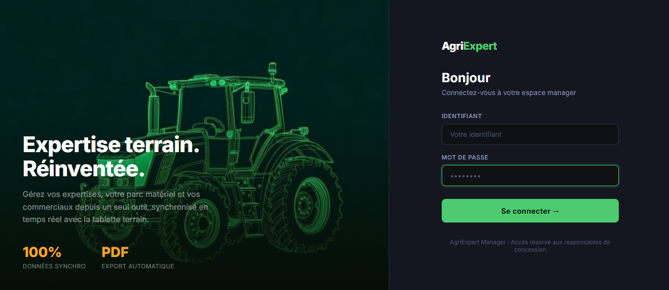 Interface web AgriExpert — écran de connexion de l'espace manager concessionnaire agricole avec expertise terrain synchronisée