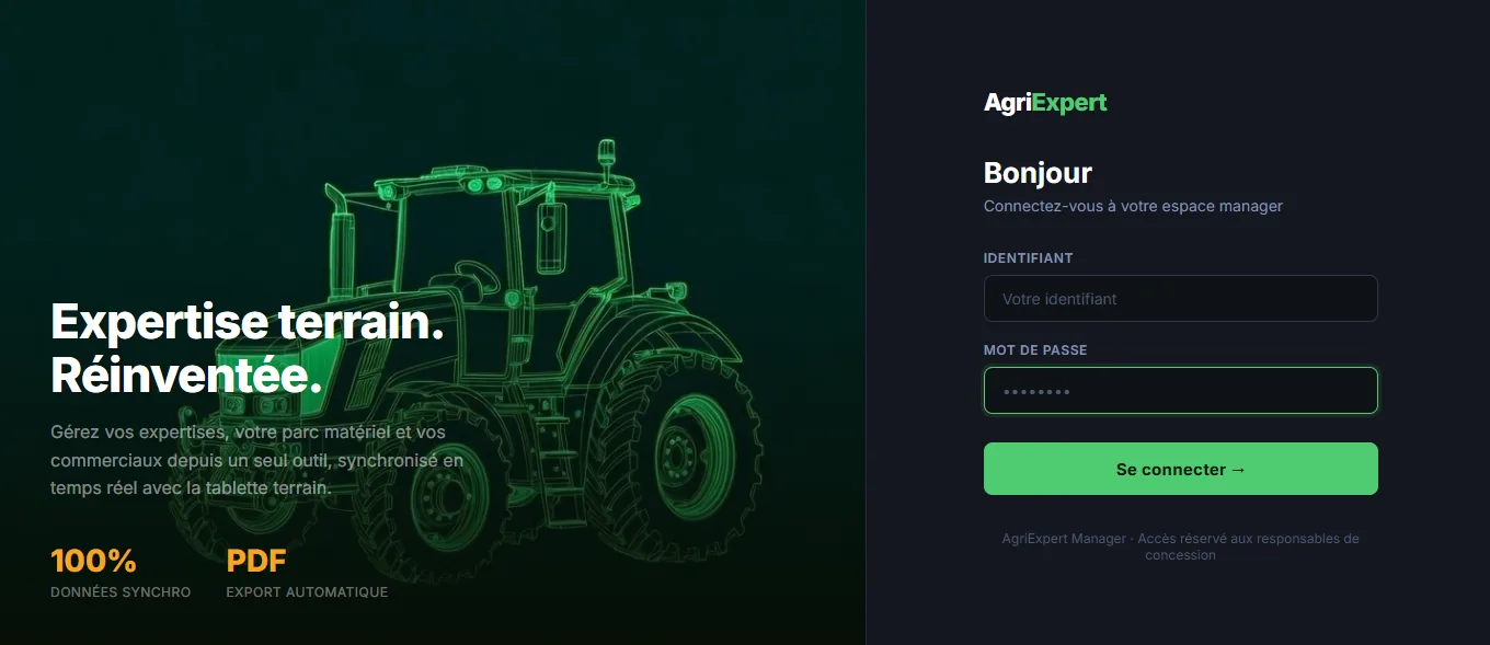 Interface web AgriExpert — écran de connexion de l'espace manager concessionnaire agricole avec expertise terrain synchronisée