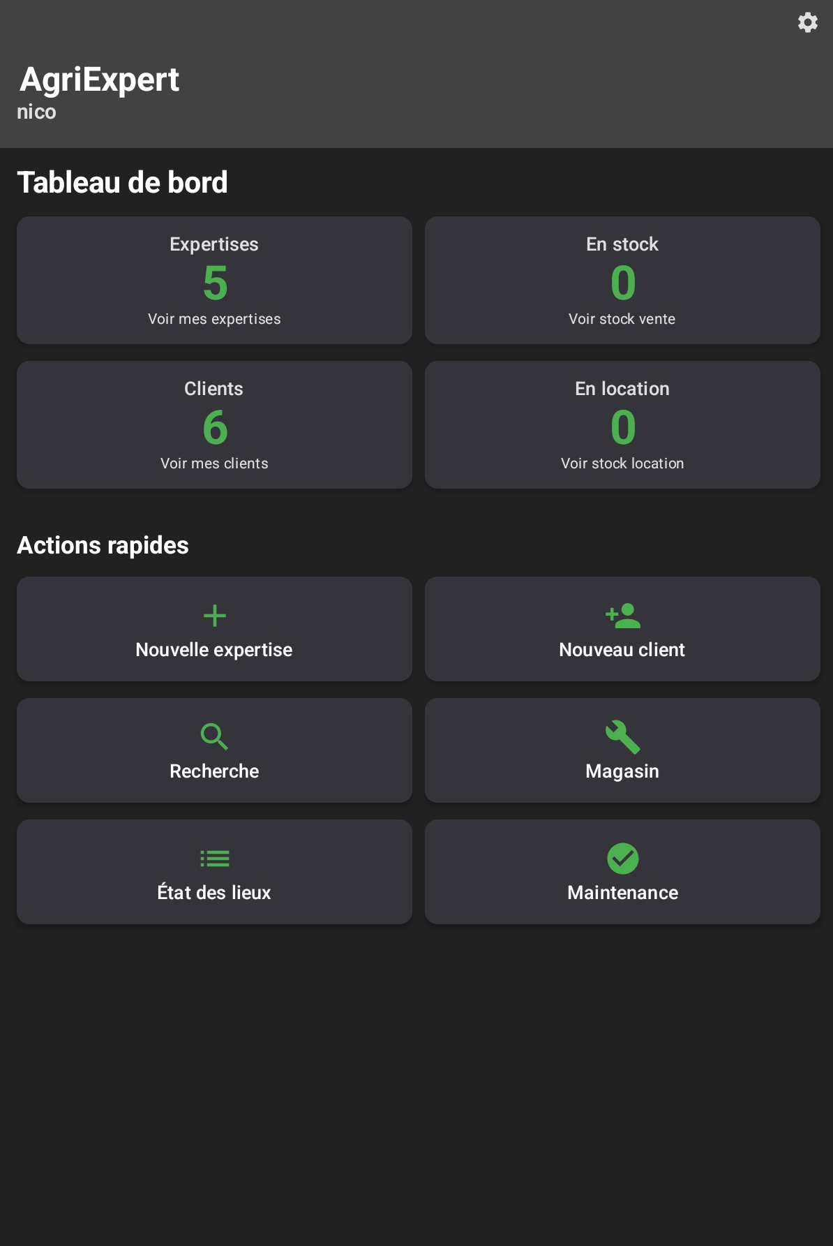 Tableau de bord AgriExpert sur tablette Android — expertises, clients, stock vente et location en temps réel pour commerciaux terrain