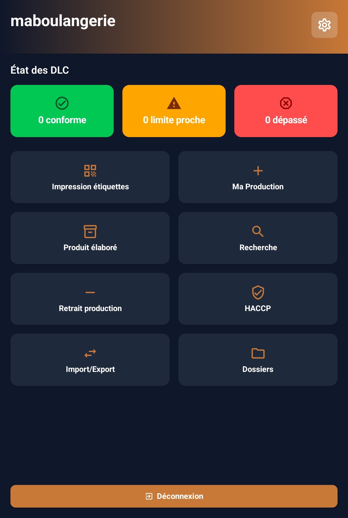 Tableau de bord MaBoulangerie - Gestion DLC et modules HACCP