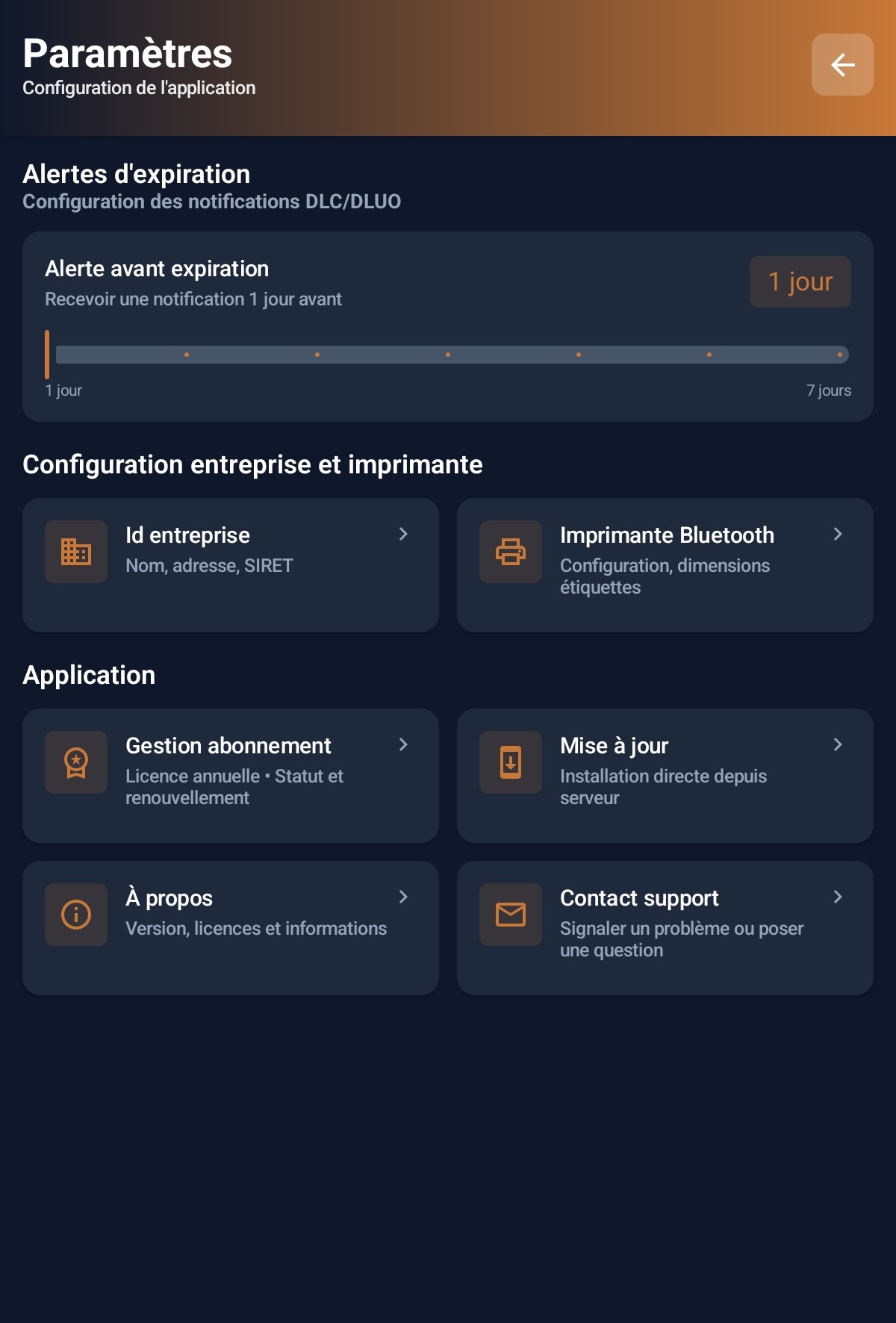 Paramètres - Configuration imprimante Bluetooth et alertes DLC