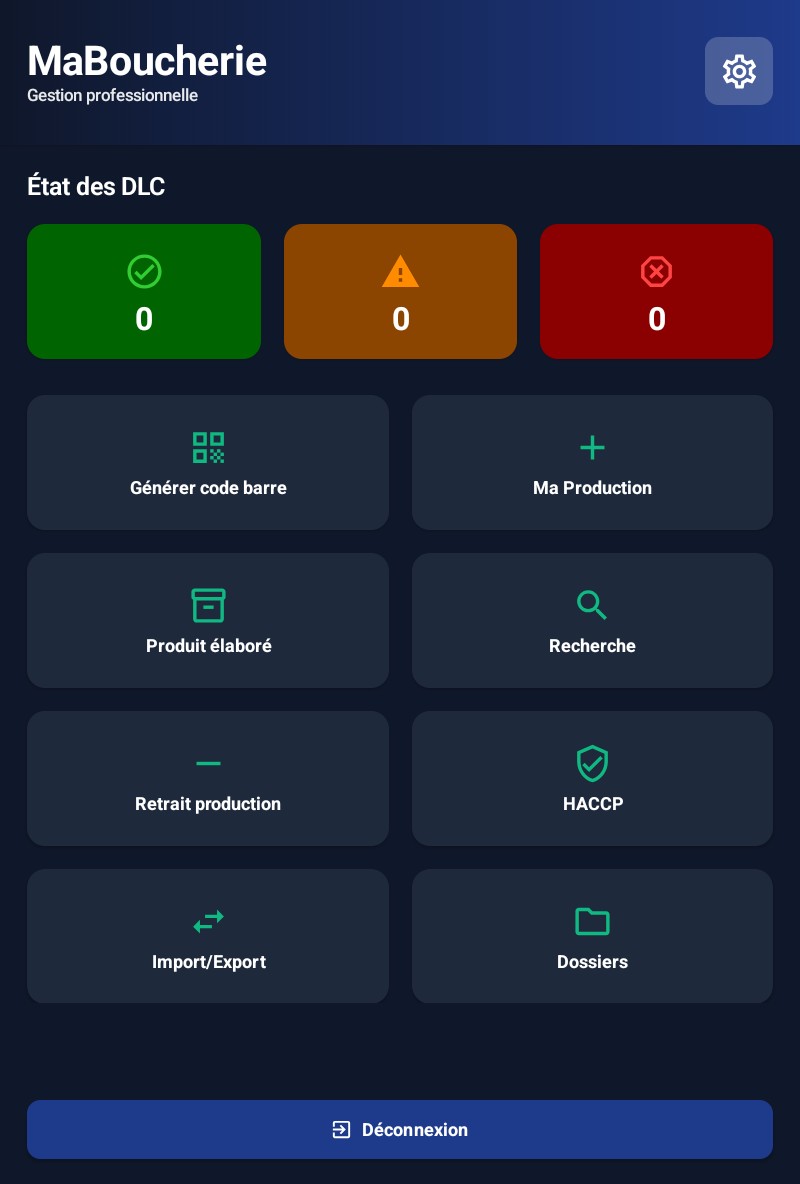 Tableau de bord MaBoucherie - État des DLC et alertes de traçabilité
