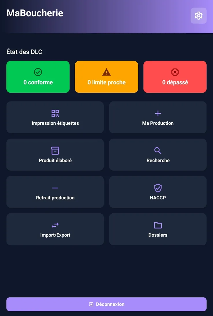 Tableau de bord MaBoucherie - Gestion DLC et modules HACCP