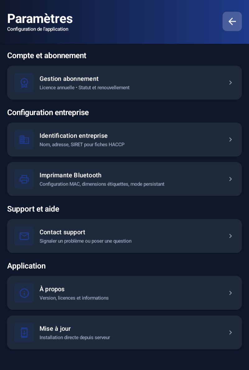 Paramètres MaBoucherie - Configuration imprimante Bluetooth et étiquettes
