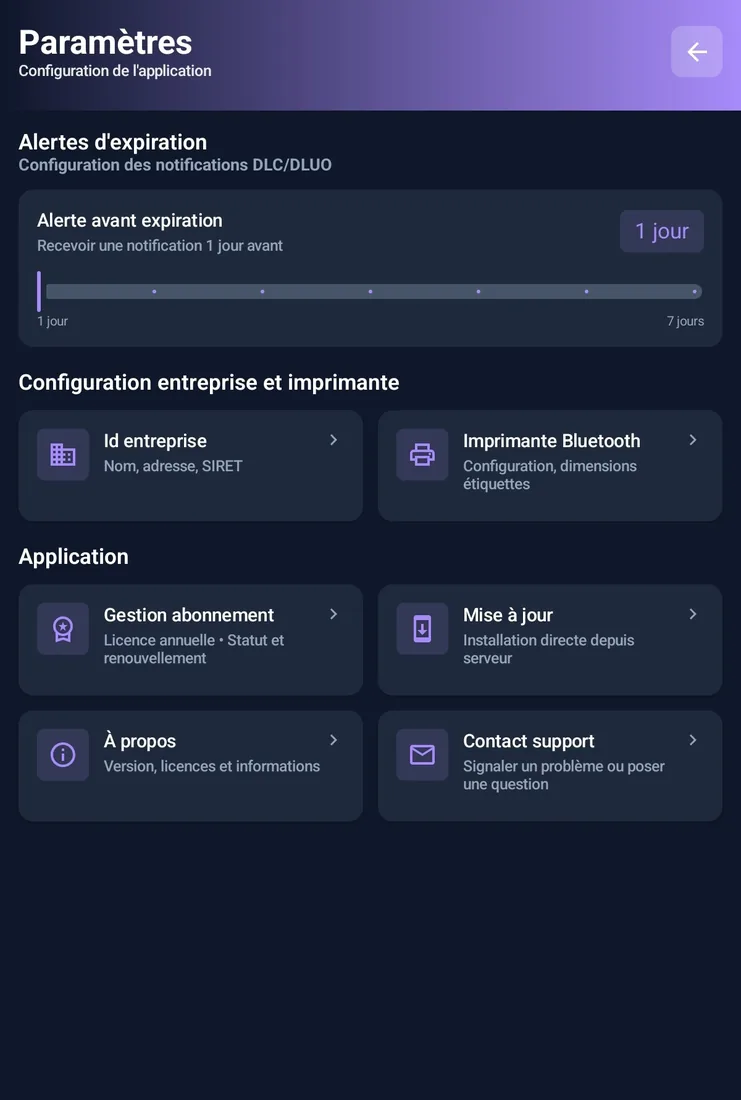 Paramètres - Configuration imprimante Bluetooth et alertes DLC